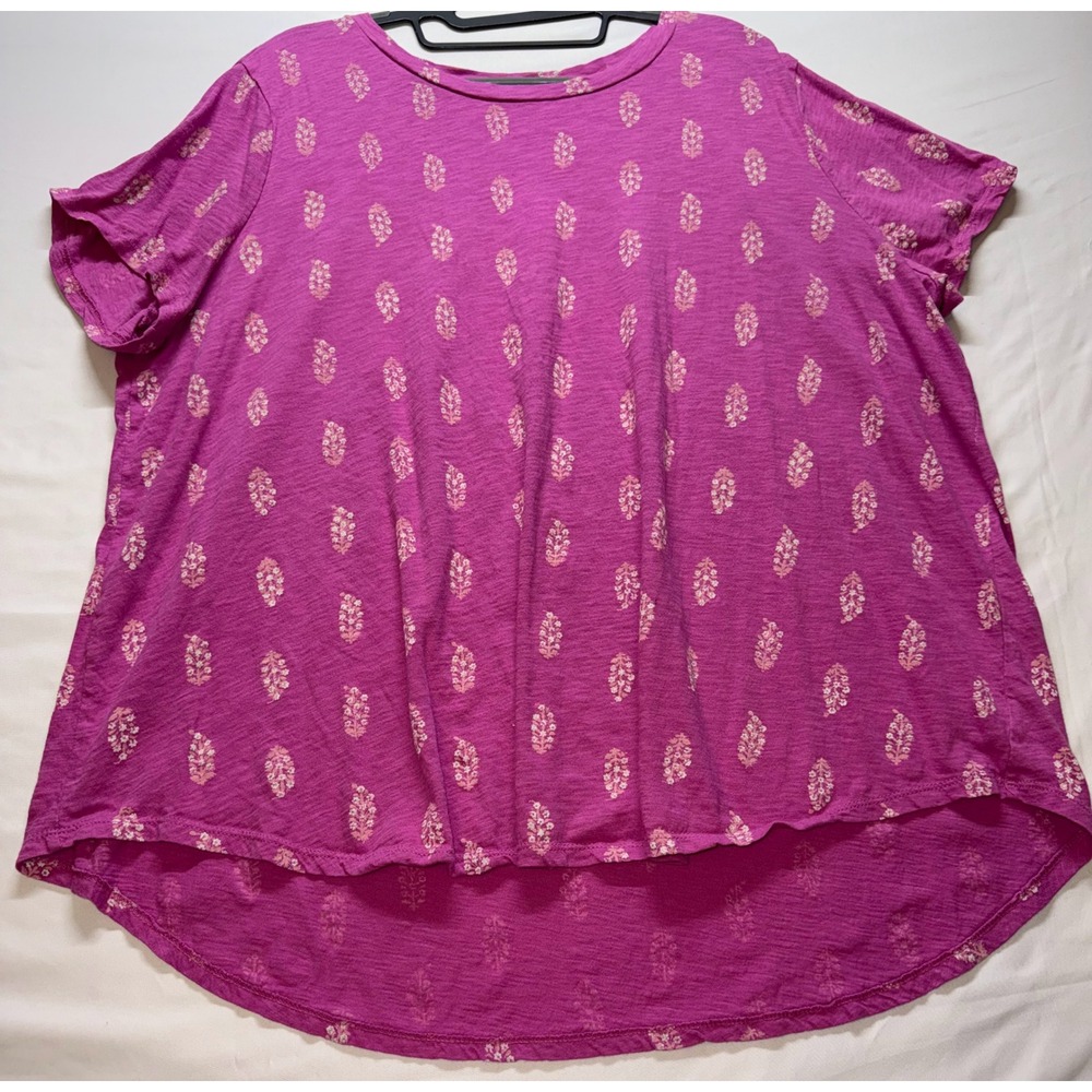 Wonderly T-Shirt Women 2X Pink Floral Print Slub Knit Hi-Low Hem Casual Tee